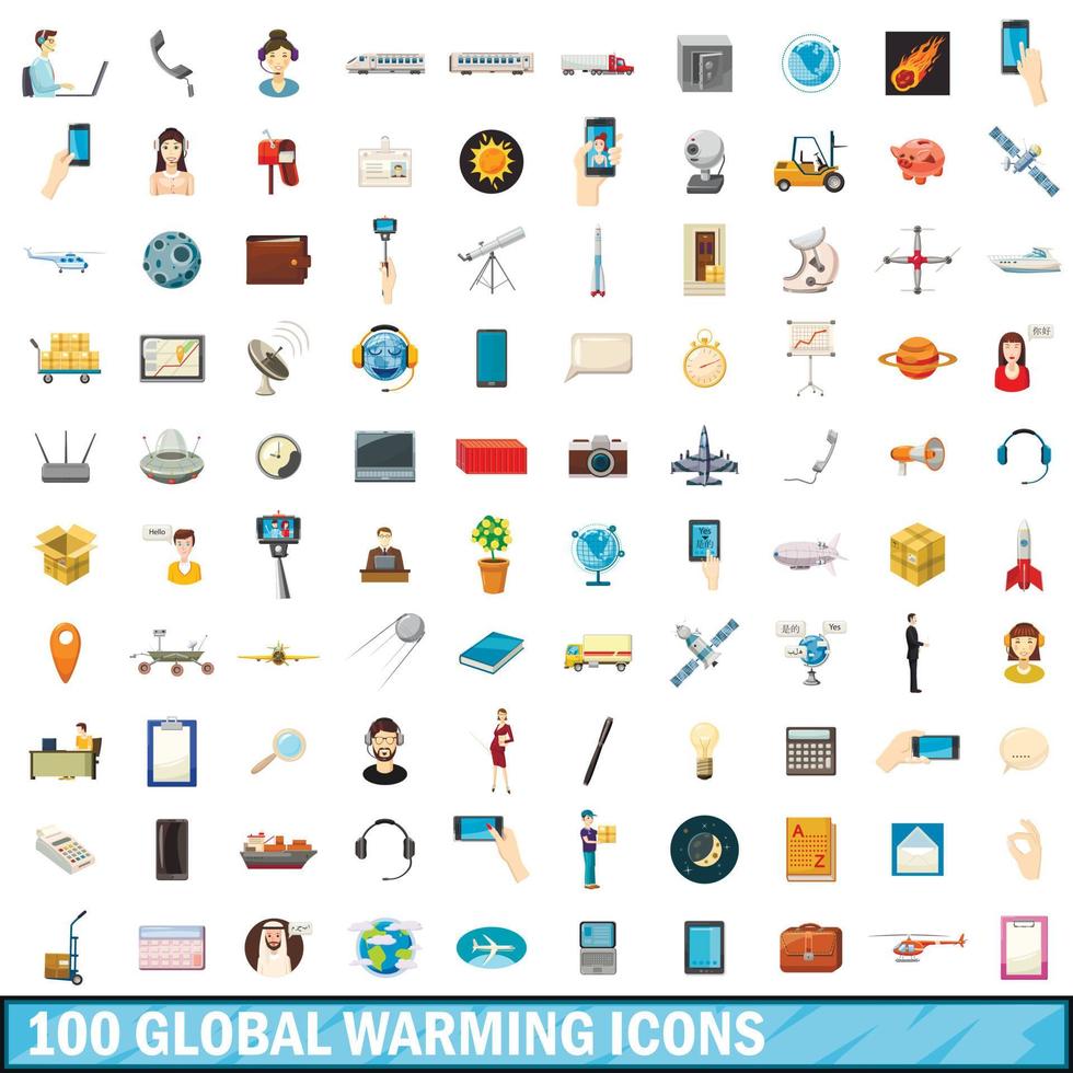 100 opwarming van de aarde iconen set, cartoon stijl vector