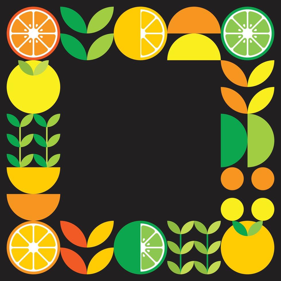 minimalistisch plat vectorframe in citrusvruchtensymbool. eenvoudige geometrische illustratie van sinaasappelen, citroenen, limonade en bladeren. abstract oranje ontwerp op zwarte achtergrond. goed voor posters of banners. vector