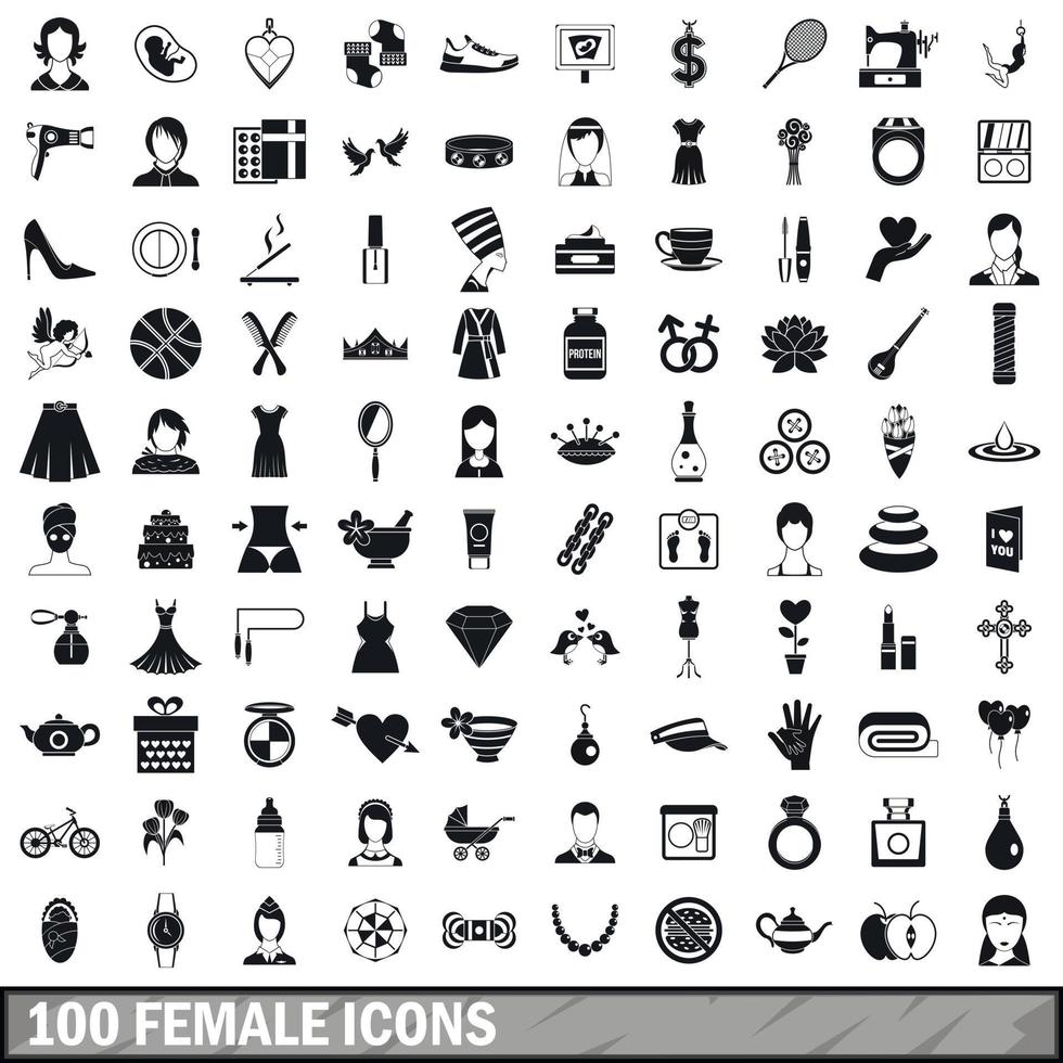 100 vrouwelijke iconen set, eenvoudige stijl vector