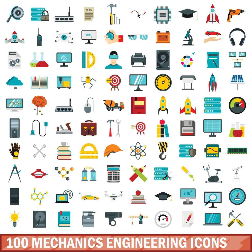 100 mechanica engineering iconen set, vlakke stijl vector