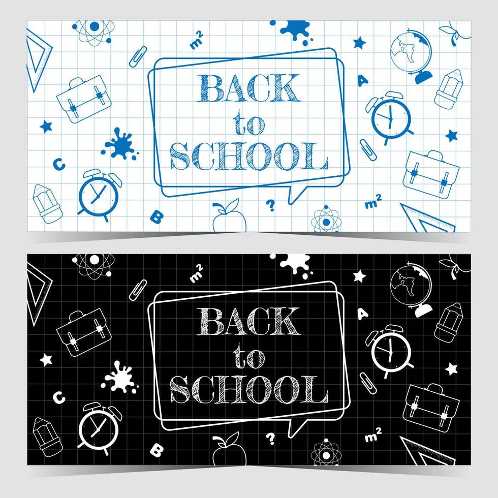 terug naar school promo banners of posters met schoolbenodigdheden en objecten met betrekking tot onderwijs en studieproces op geruit papier met witte en zwarte achtergrond. vectorillustratie in vlakke stijl. vector