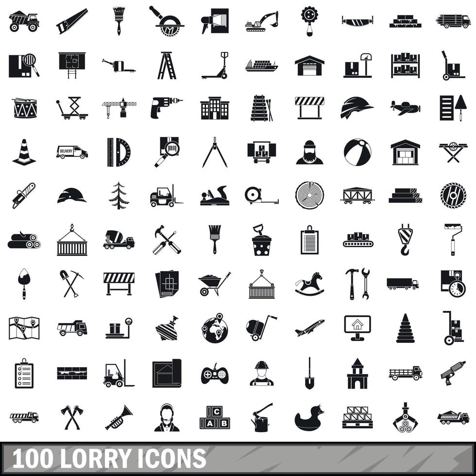 100 vrachtwagen iconen set, eenvoudige stijl vector
