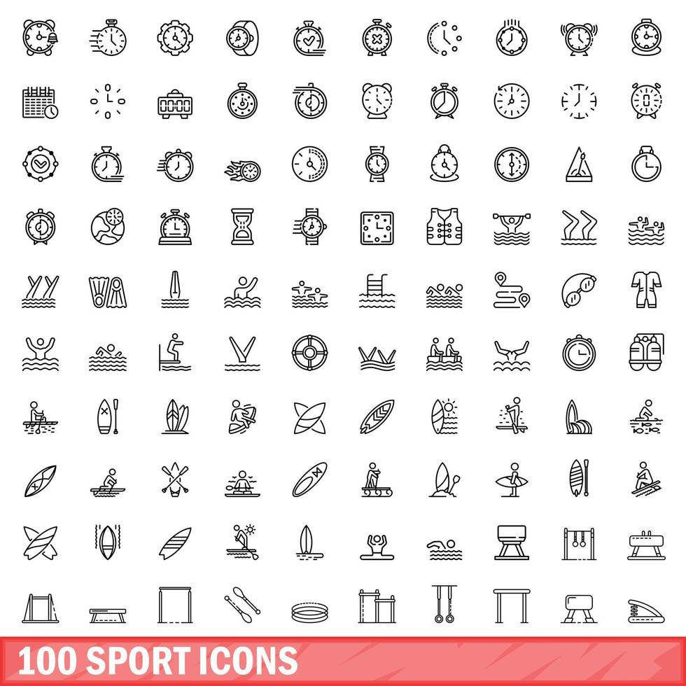 100 sport iconen set, Kaderstijl vector