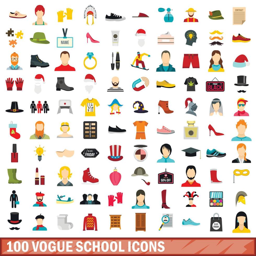 100 mode school iconen set, vlakke stijl vector