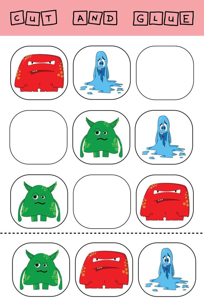 werkblad vectorontwerp, de taak is om een stuk op kleurrijke monsters te knippen en te lijmen. logisch spel voor kinderen. vector