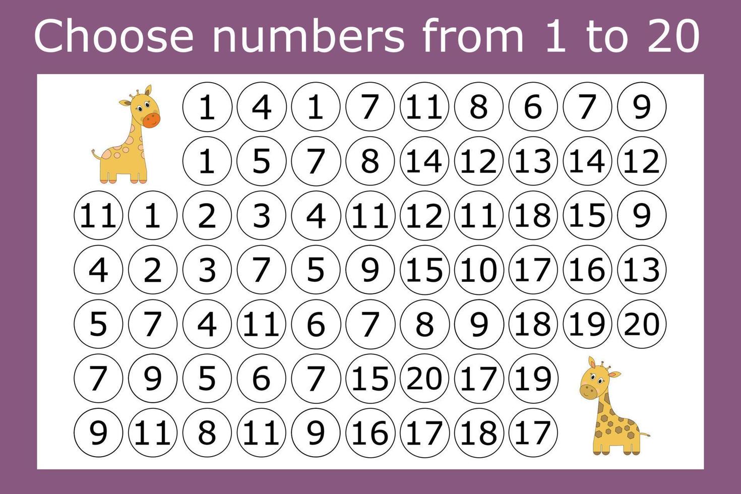 doolhof tellen voor kinderen. een leuk spel, een wiskundige puzzel met de selectie van getallen van 1 tot 20 in de juiste volgorde vector