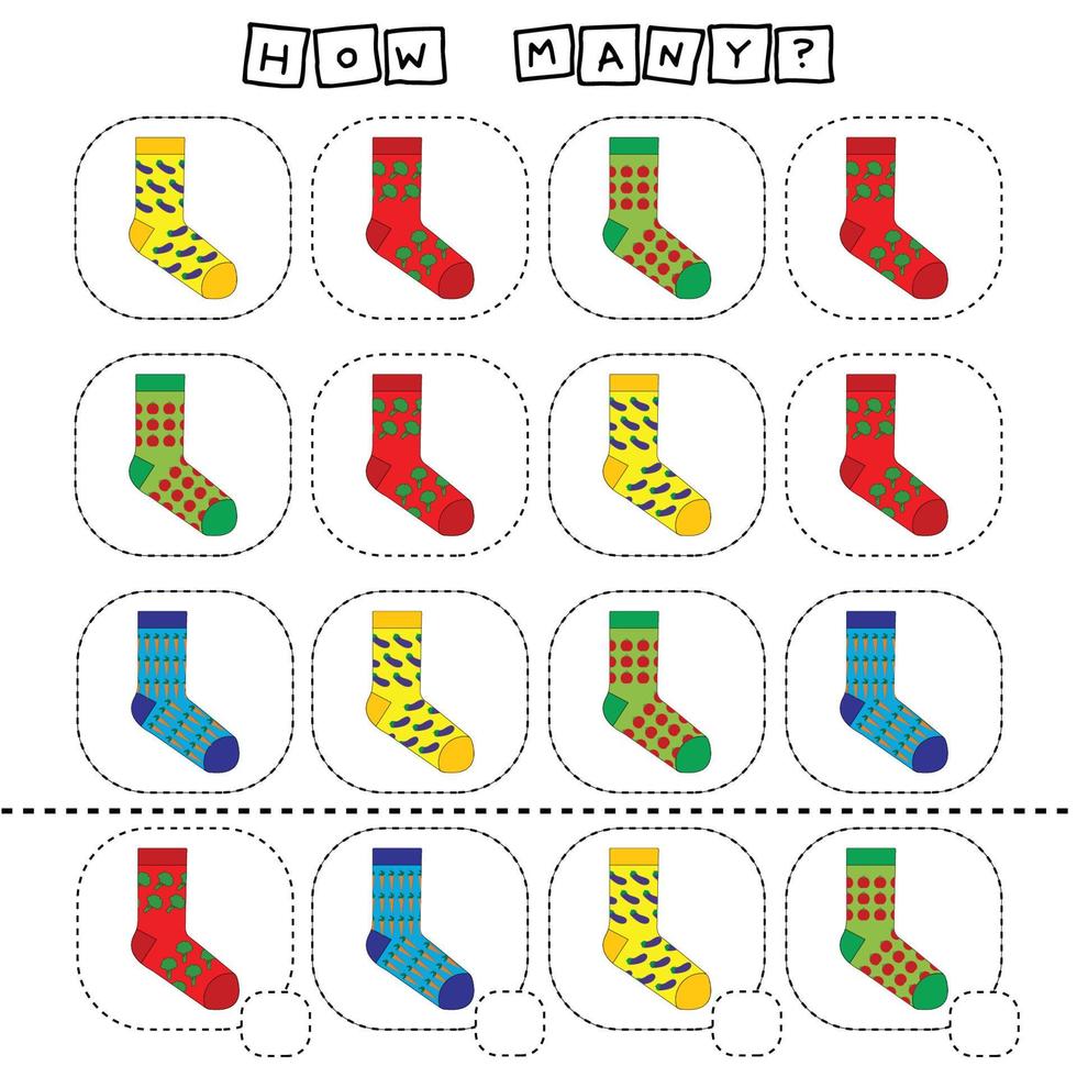 hoeveel tellen spel met sokken. werkblad voorschoolse activiteiten, werkblad voor kinderen, afdrukbaar werkblad vector