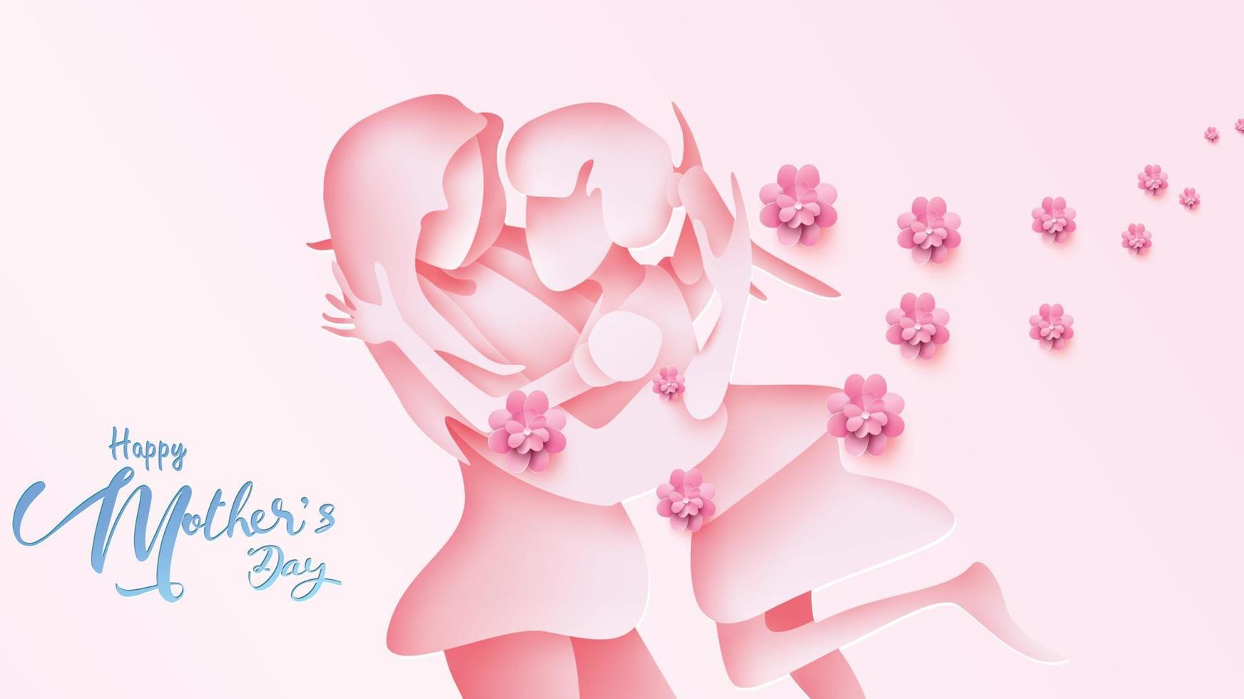 gelukkige moederdag wenskaart. papier gesneden stijl kind dochter rennen en knuffelen naar haar moeder om te feliciteren op roze achtergrond met vliegende bloemen. vectorillustratie. - vector