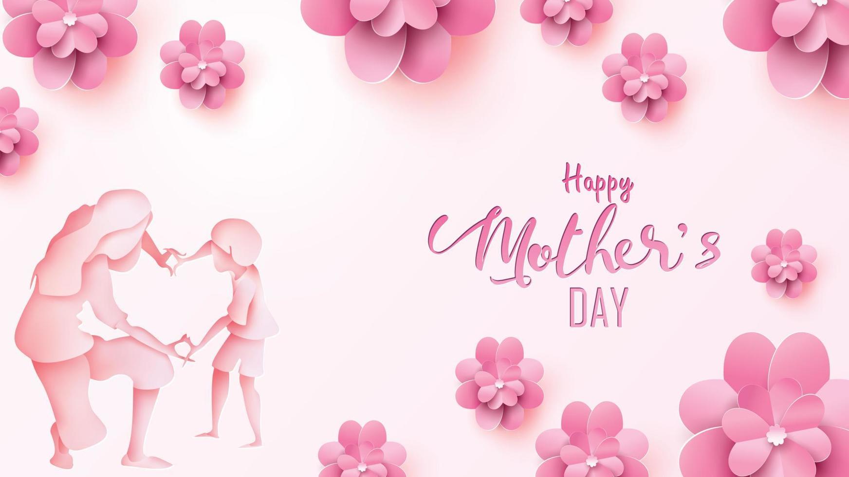 gelukkige moederdag wenskaart. papier gesneden stijl kleine jongen feliciteert moeder met dansen, spelen en handen met hartvorm symbool met abstracte bloem. vectorillustratie op roze. - vector