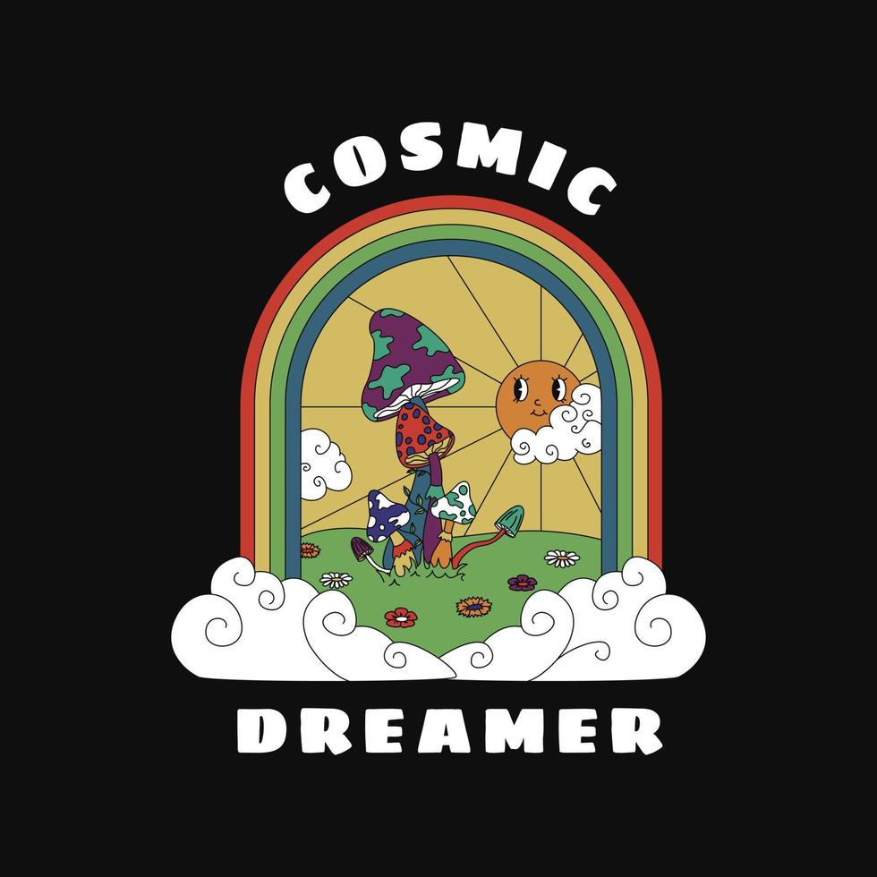 kosmische dromer. paddestoelen, regenboog en zon in vintage stijl. voor t-shirtafdrukken en ander gebruik. vector