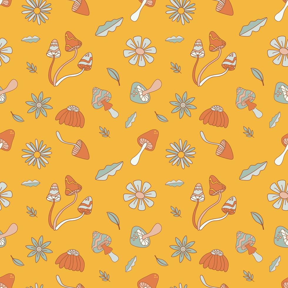 naadloze patroon met doodle stijl bloemen en paddestoelen. hippie afdrukconcept. vector