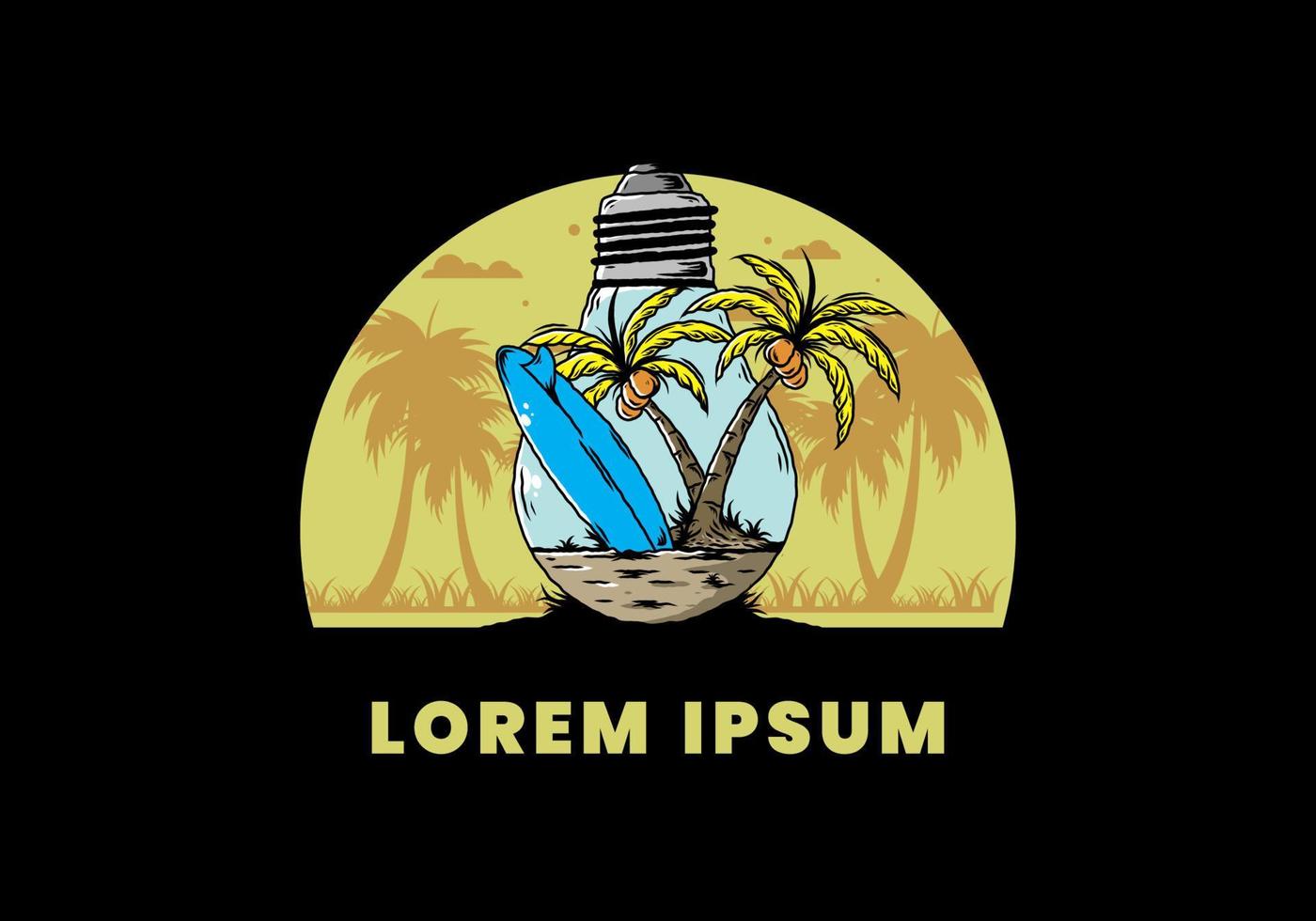 kokospalm en surfplank in een gloeilamp illustratie vector