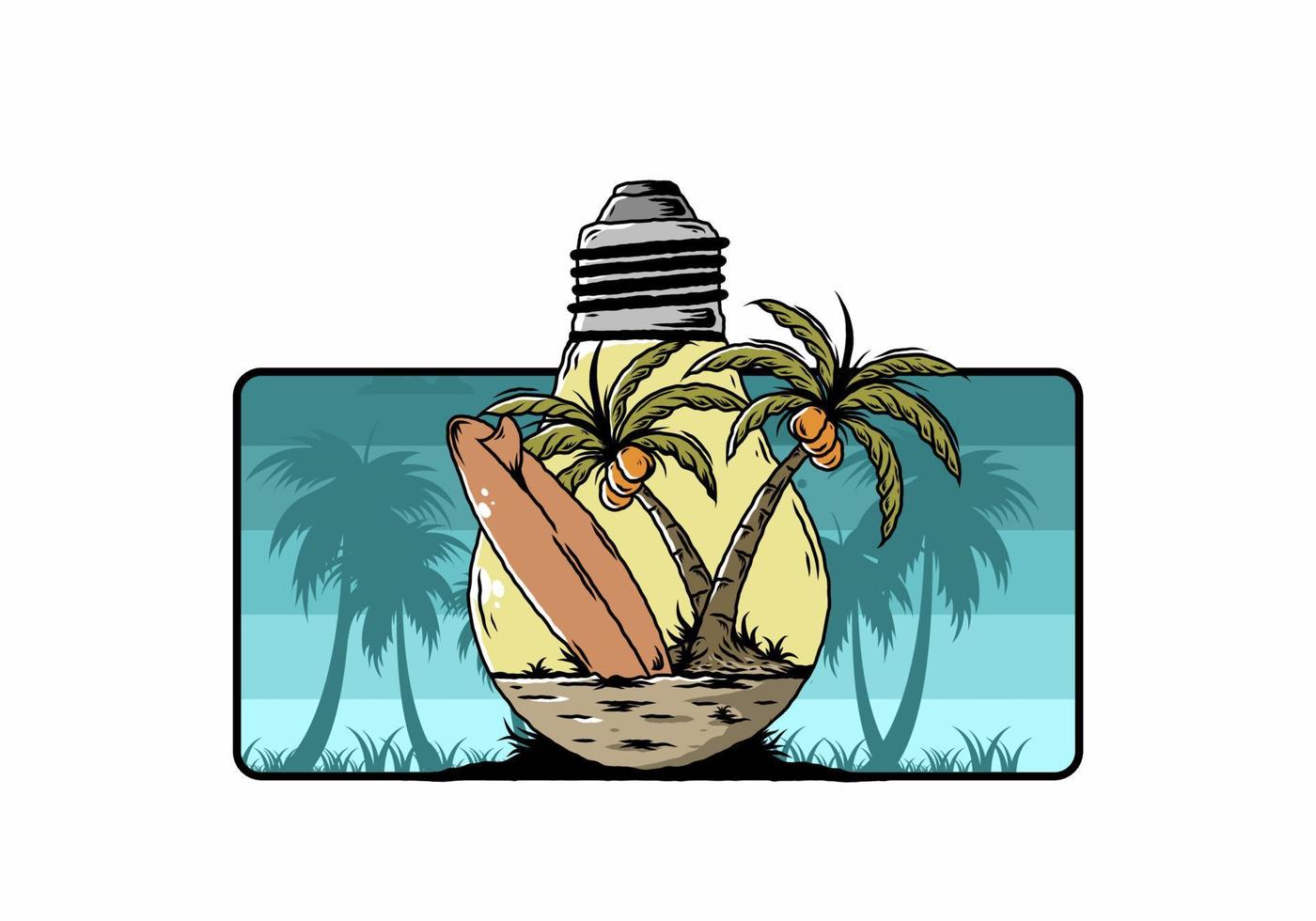 kokospalm en surfplank in een gloeilamp illustratie vector