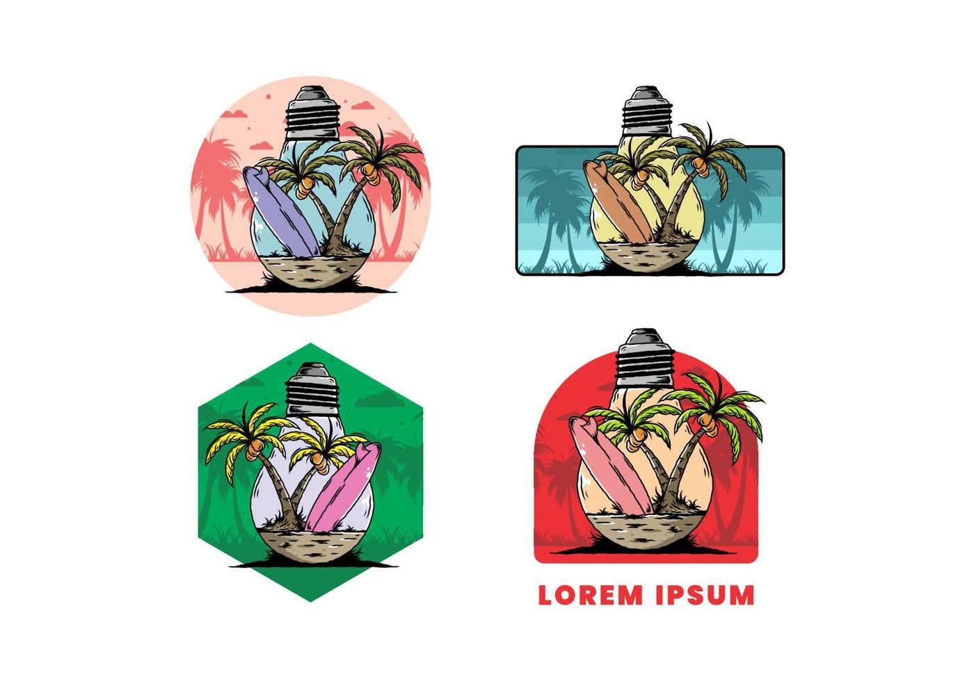 kokospalm en surfplank in een gloeilamp illustratie vector