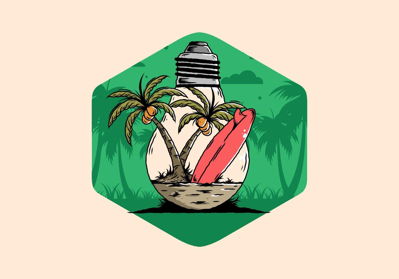 kokospalm en surfplank in een gloeilamp illustratie vector