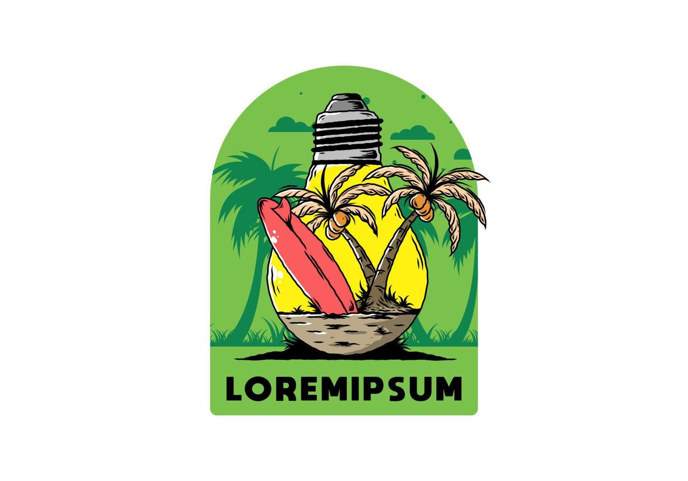 kokospalm en surfplank in een gloeilamp illustratie vector