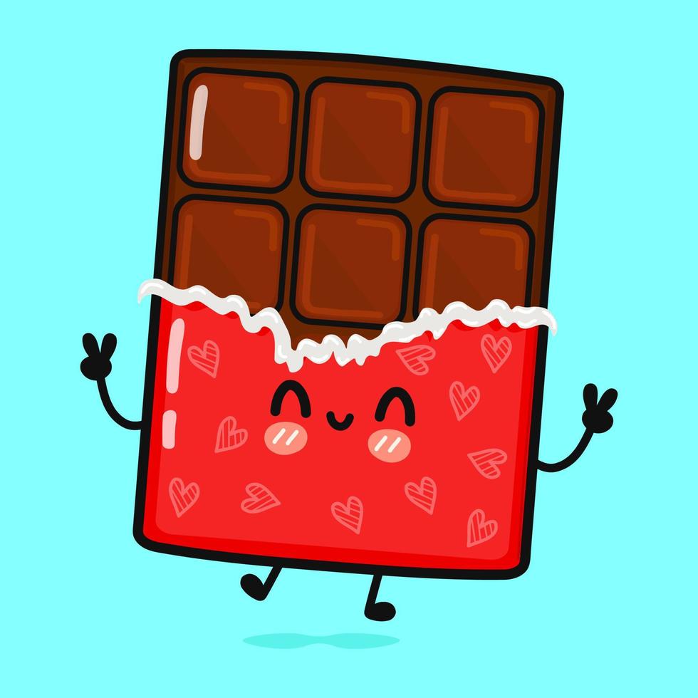 leuke grappige springende chocolade. vector hand getekend cartoon kawaii karakter illustratie pictogram. geïsoleerd op blauwe achtergrond. chocolade concept