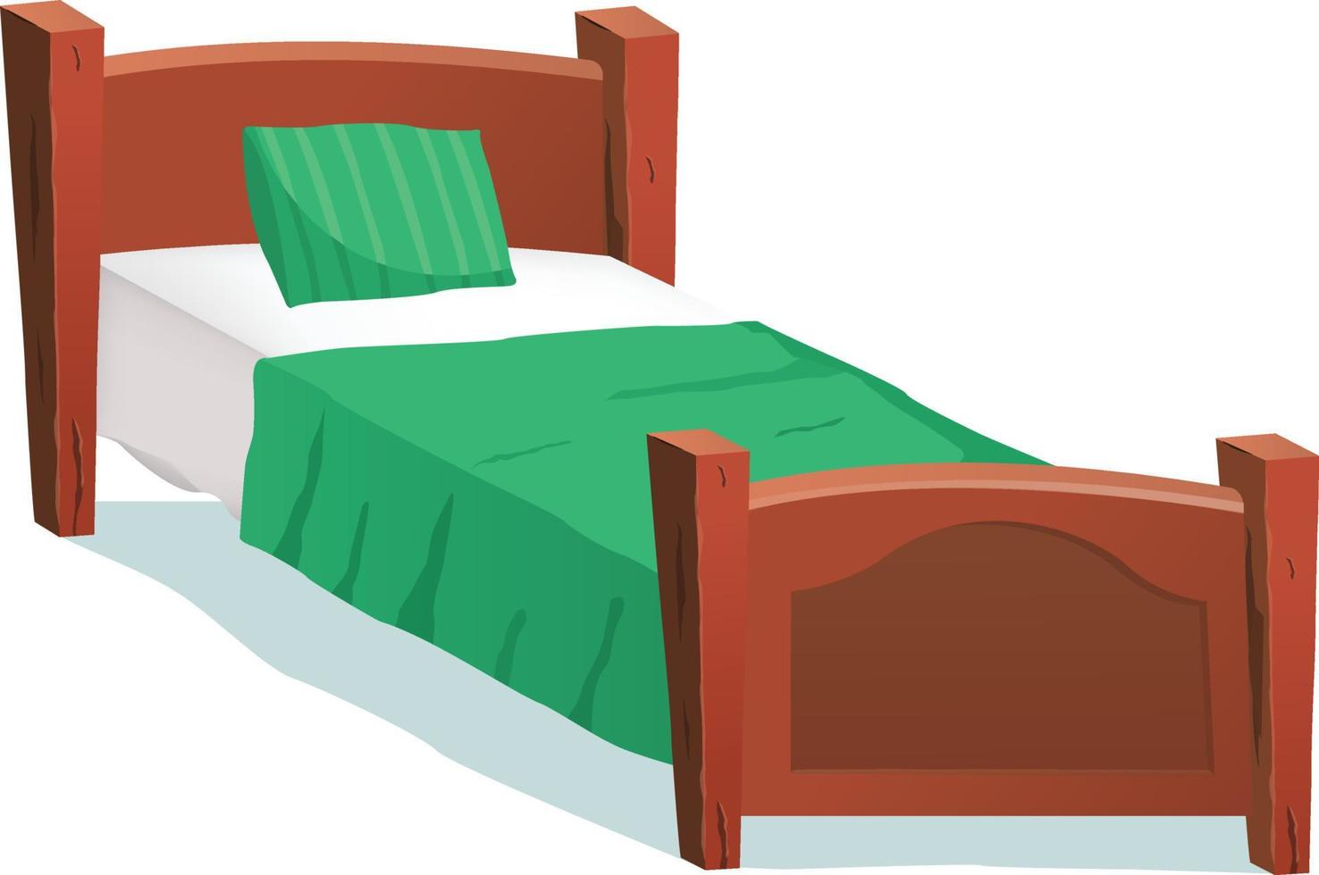 cartoon houten bed met groene deken illustratie van een cartoon houten kinderbed voor jongens en meisjes met kussens en groene deken. vector