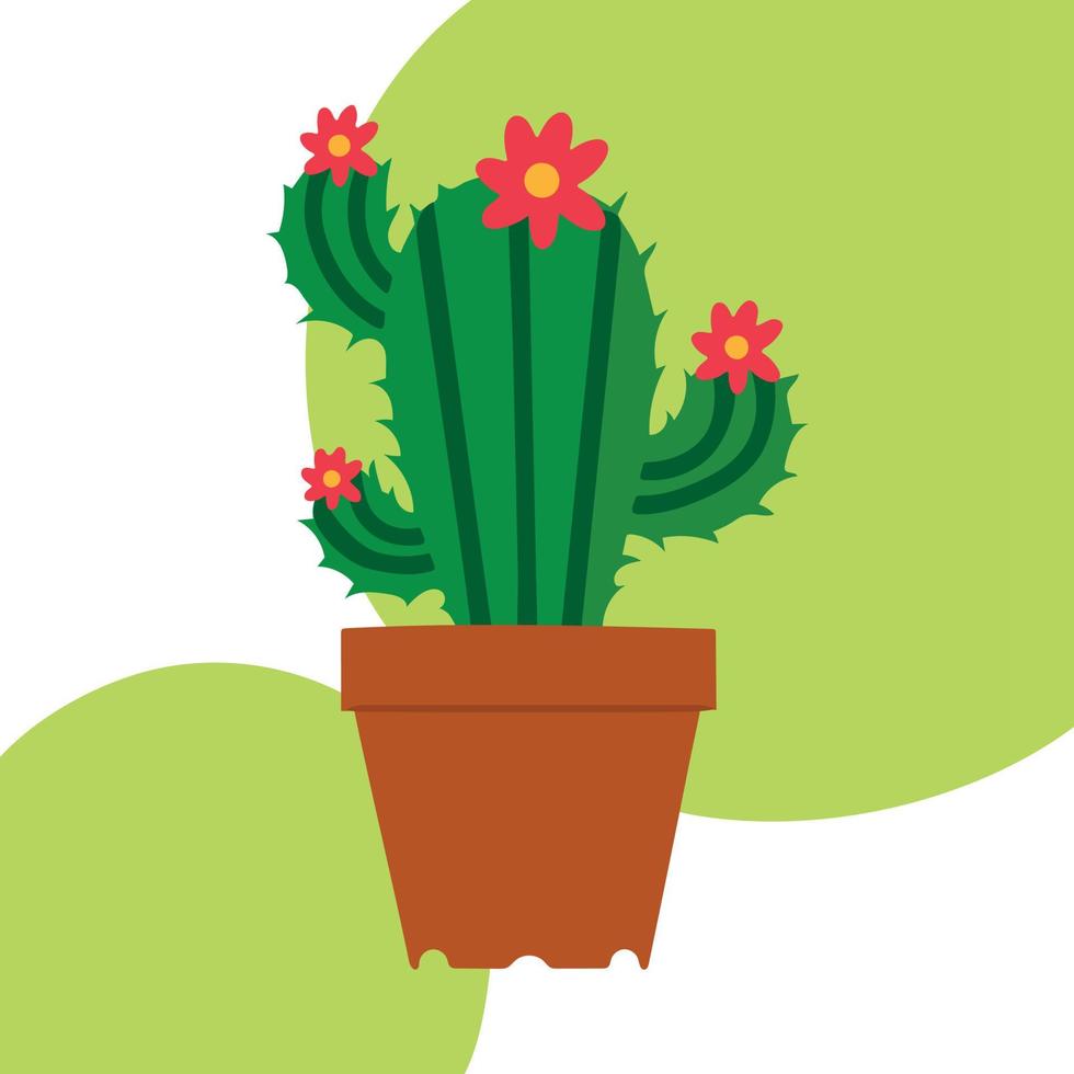 bloeiend groen cactusconcept. cactus met rode bloemen in bloempot. vectorillustratie. cactus met bloem geïsoleerd op gekleurde achtergrond vector