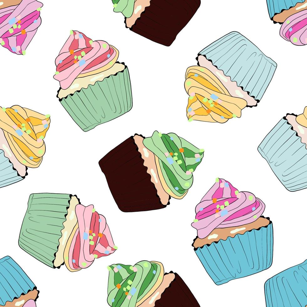 verschillende cupcakes naadloze patroon. hand getekend schattig cupcakes vectorillustratie. printontwerp voor banketbakkerij, café en coffeeshop vector