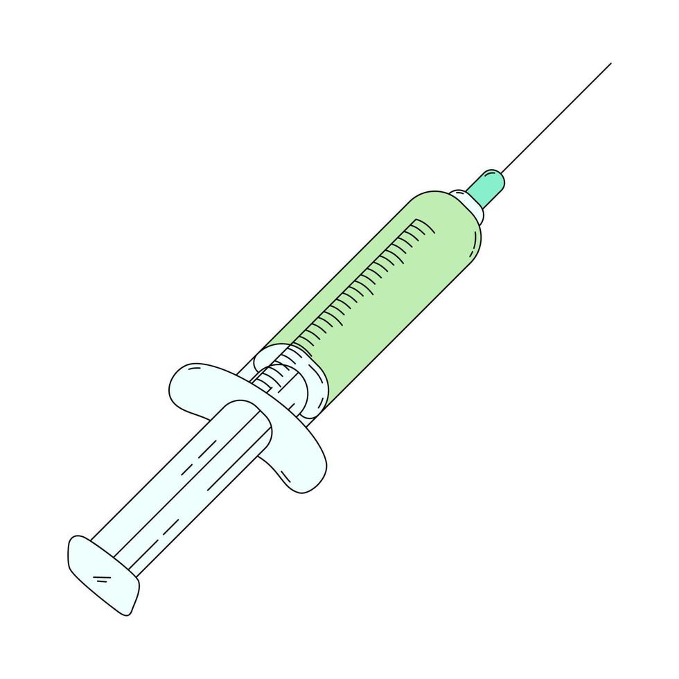 medische spuit met naald in cartoonstijl. vectorillustratie van vaccin geïsoleerd op een witte achtergrond vector