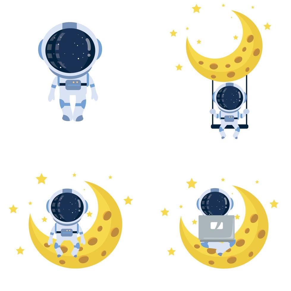 schattige astronaut set met wassende maan en ster cartoon vector pictogram illustratie. premium vector wetenschap technologie pictogram concept