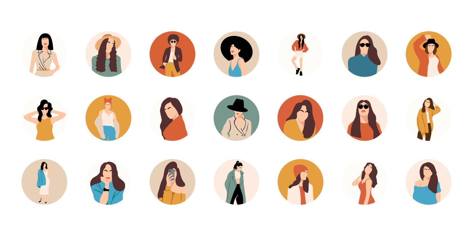 collectie stijlvolle jonge vrouwen gekleed in casual en formele outfits. platte ontwerpillustraties van vrouwenportret in trendy modieuze stijl vector