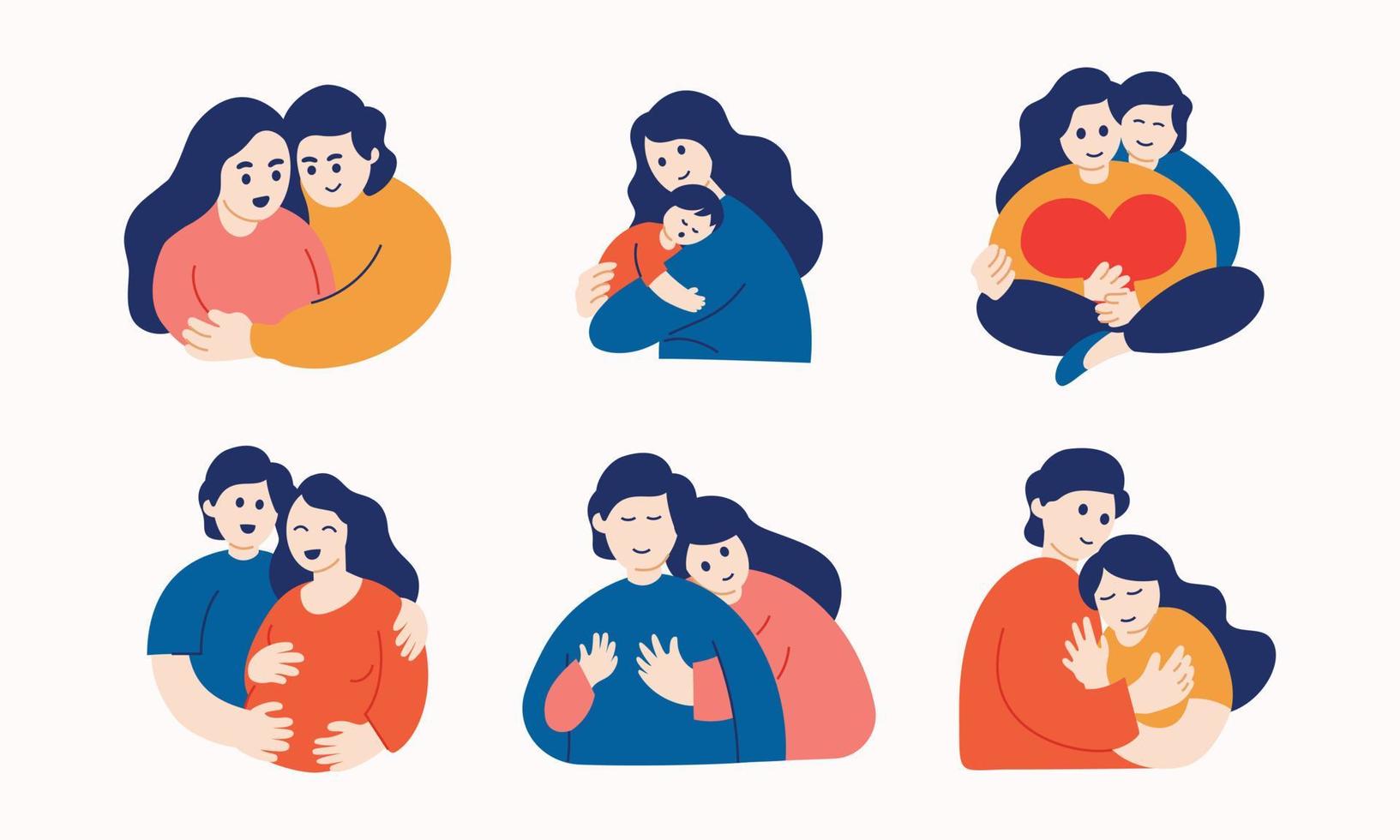 verzameling gelukkige liefdesparen en familie. diverse schattige mensen cartoon in romantische relaties. geliefden in platte ontwerp vectorillustratie vector