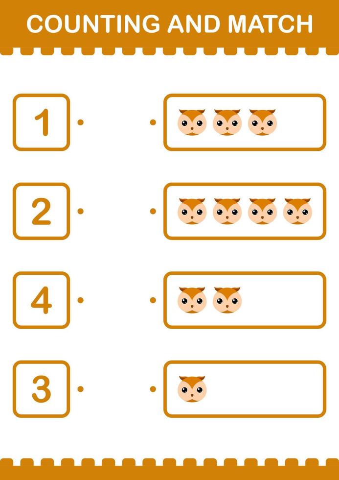 tellen en match uil gezicht. werkblad voor kinderen vector