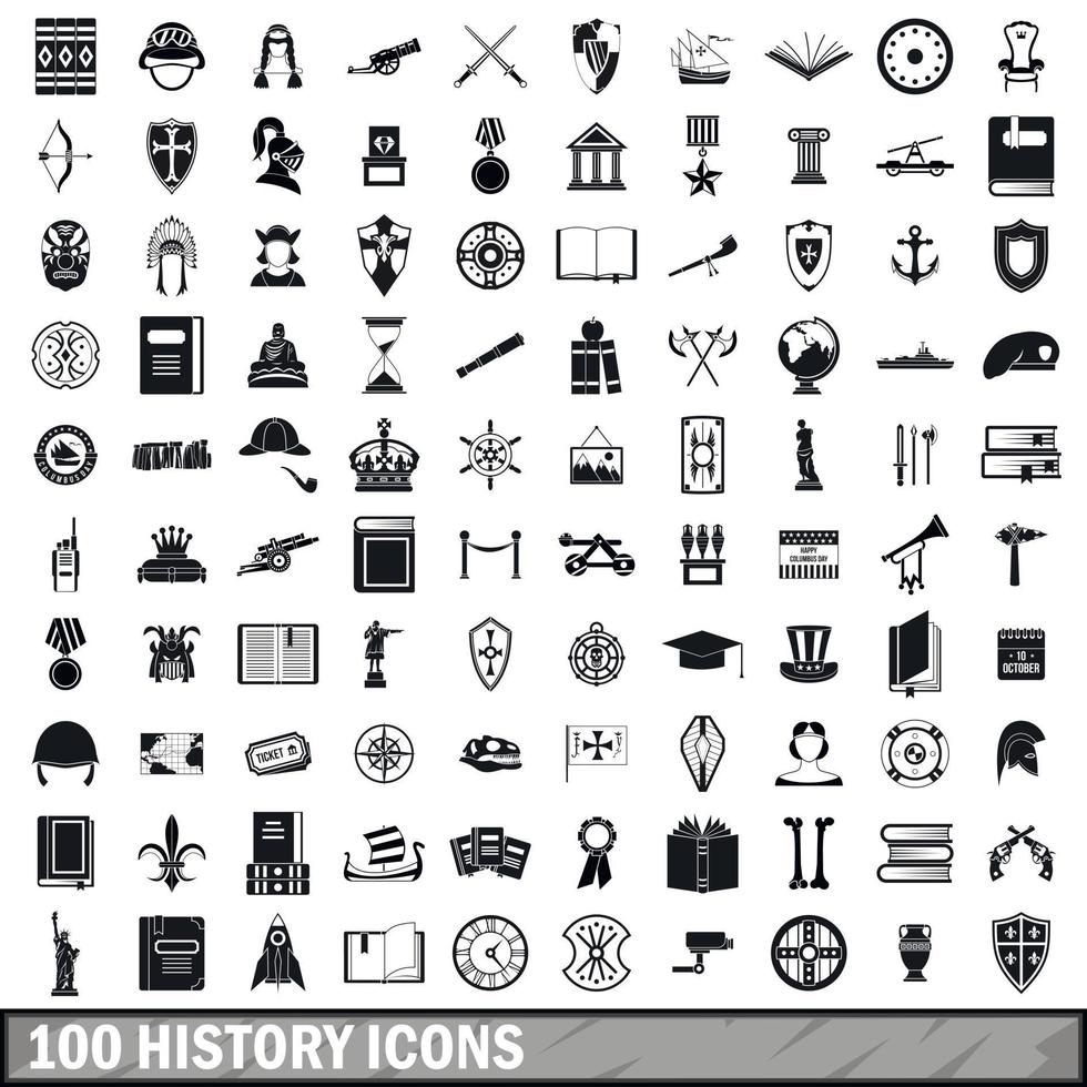 100 geschiedenis iconen set, eenvoudige stijl vector