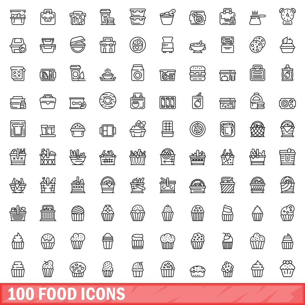 100 voedsel iconen set, Kaderstijl vector