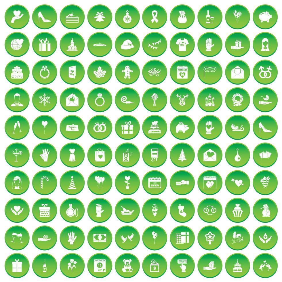 100 geschenkpictogrammen instellen groene cirkel vector