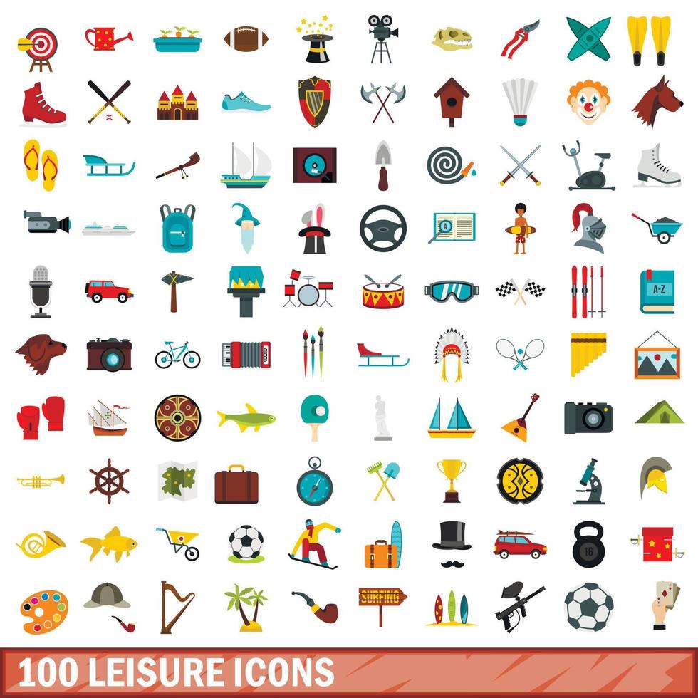 100 vrije tijd iconen set, vlakke stijl vector