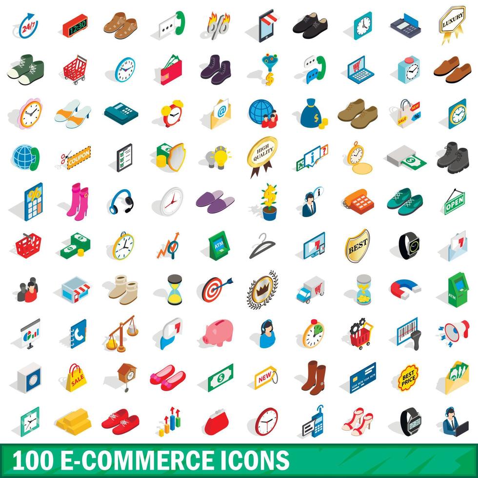 100 e-commerce iconen set, isometrische 3D-stijl vector