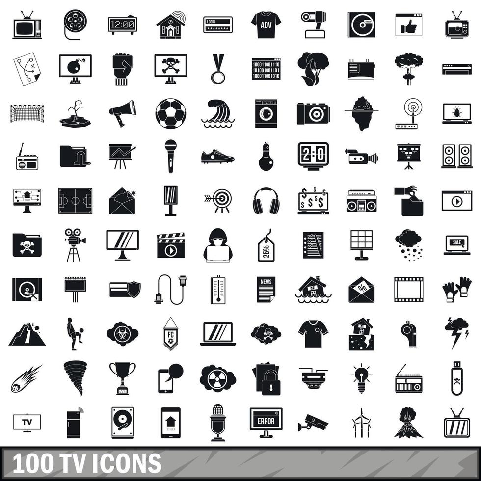 100 tv iconen set, eenvoudige stijl vector