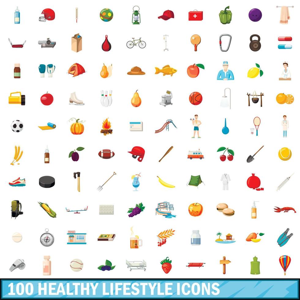 100 gezonde levensstijl iconen set, cartoon stijl vector