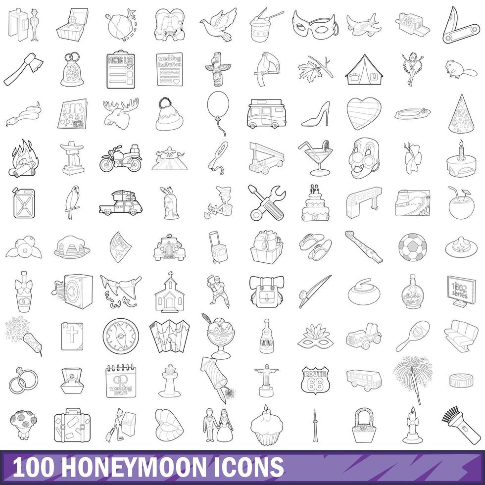 100 huwelijksreis iconen set, Kaderstijl vector