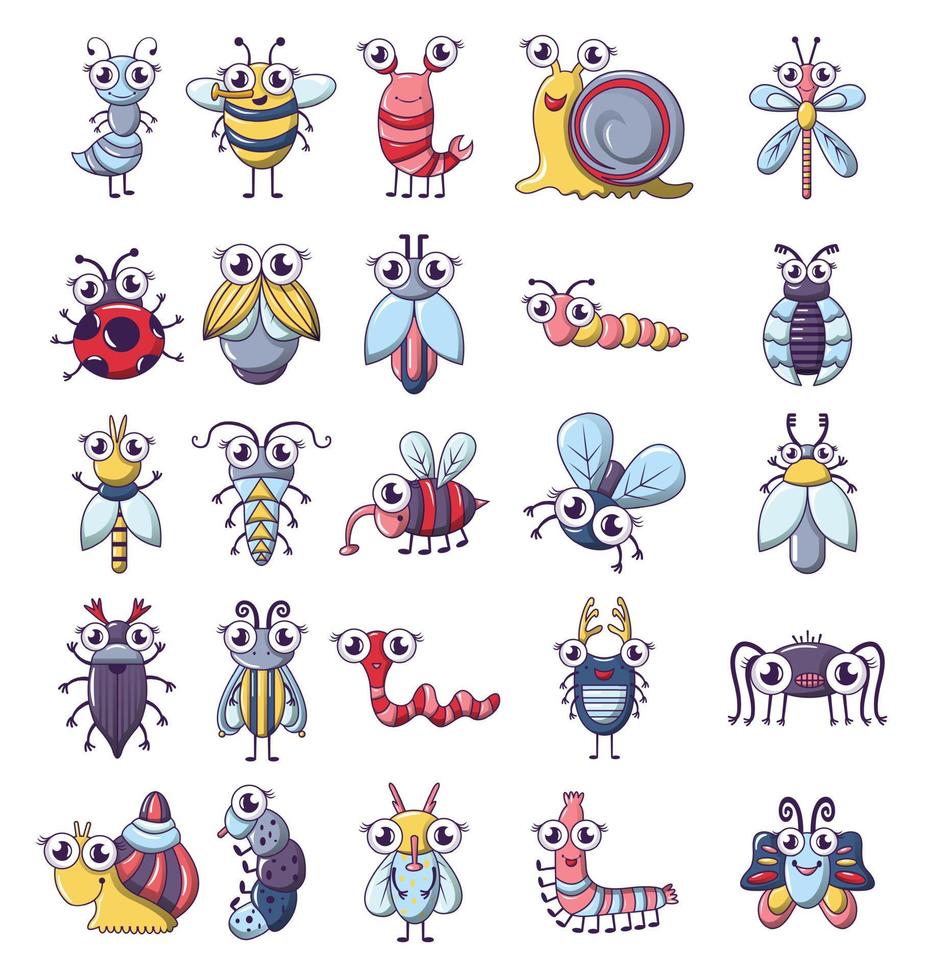 bug grappig insect iconen set, cartoon stijl vector