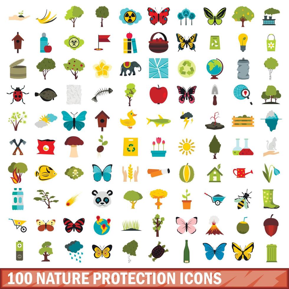 100 natuurbescherming iconen set, vlakke stijl vector
