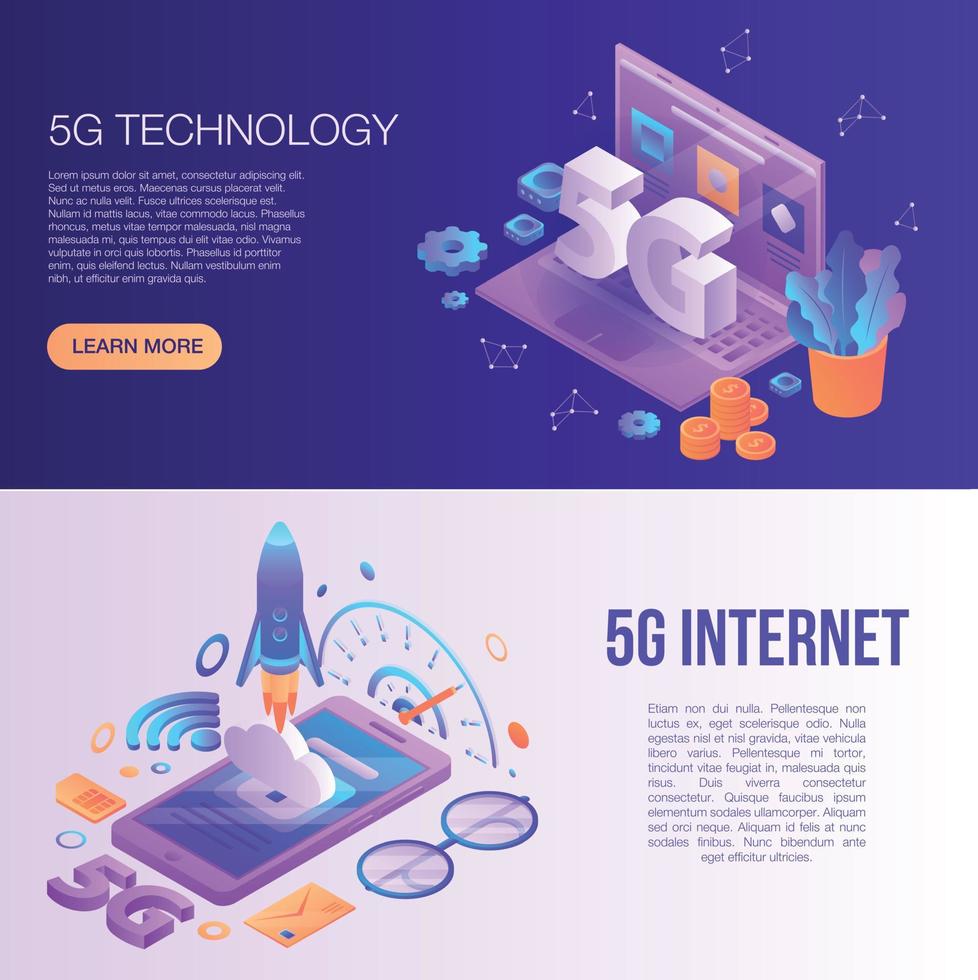 5g-technologiebannerset, isometrische stijl vector