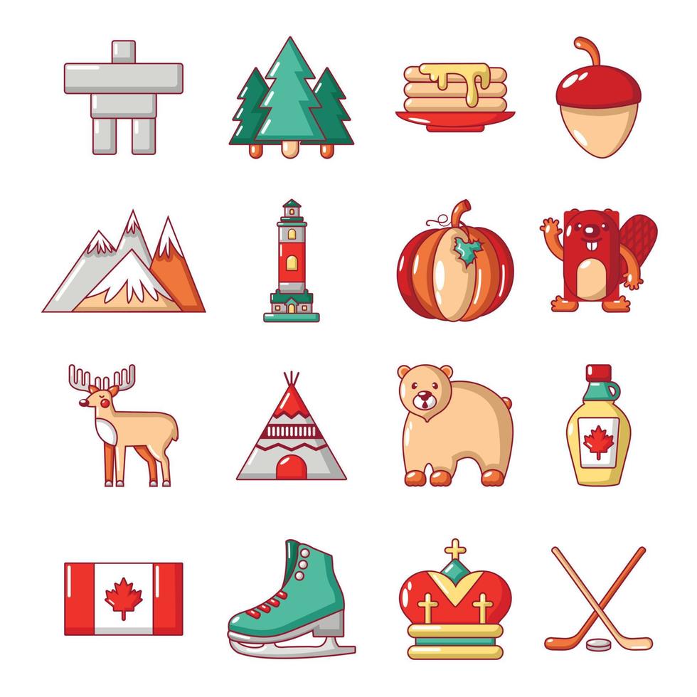 Canada reizen iconen set, cartoon stijl vector