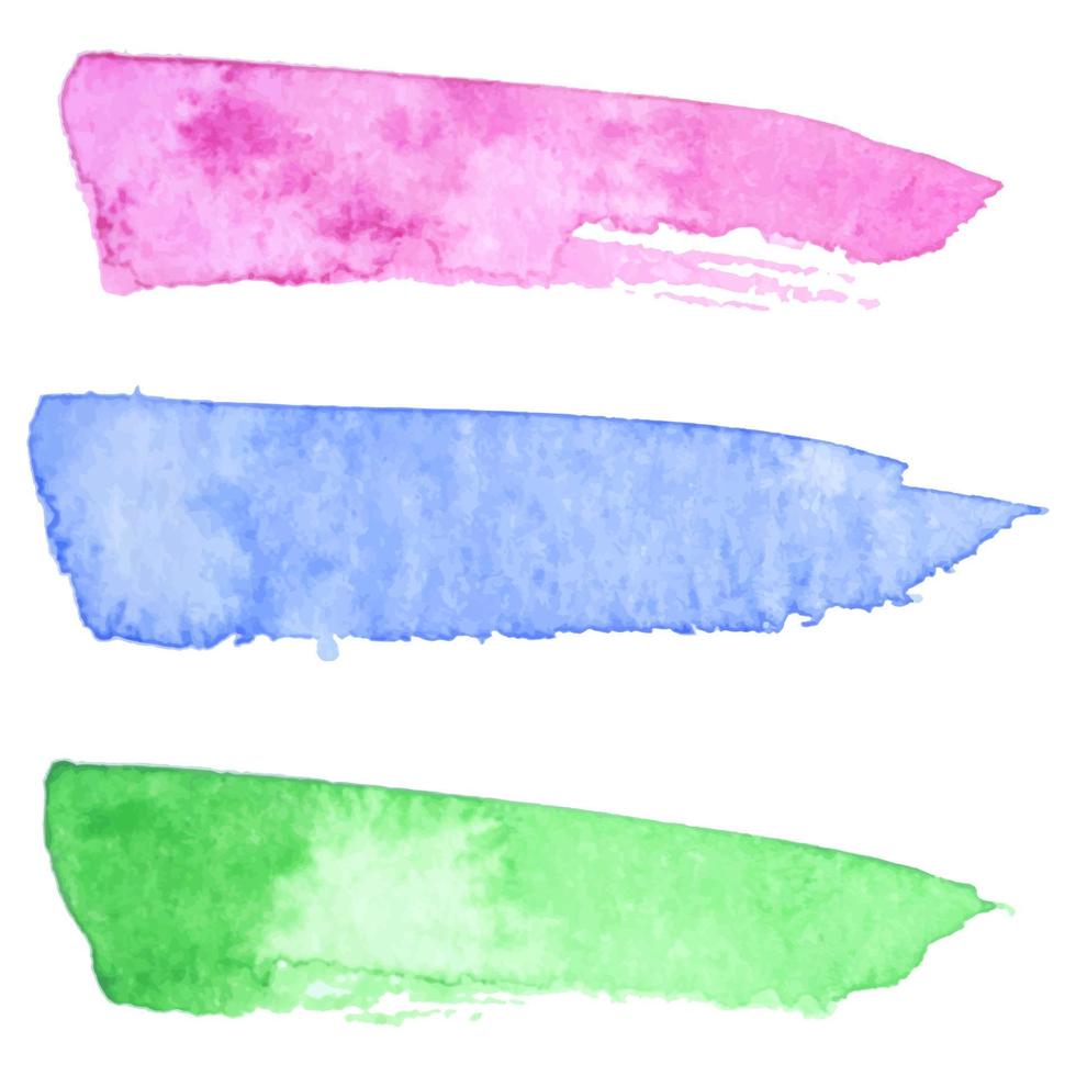 set van drie kleurrijke vector papier banners etiketten tags met penseelstreek handgeschilderde aquarel vlekken achtergrond.