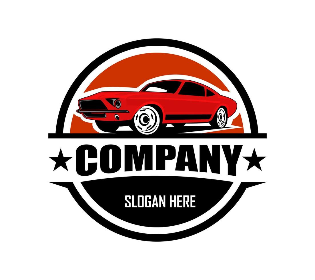 Muscle Car-logo-ontwerp. Dit logo is geschikt voor garage, werkplaats, reparatiewerkplaats, oude of klassieke autoreparatiewerkplaats. ook voor autorestauratie, reparatie en racen. vector