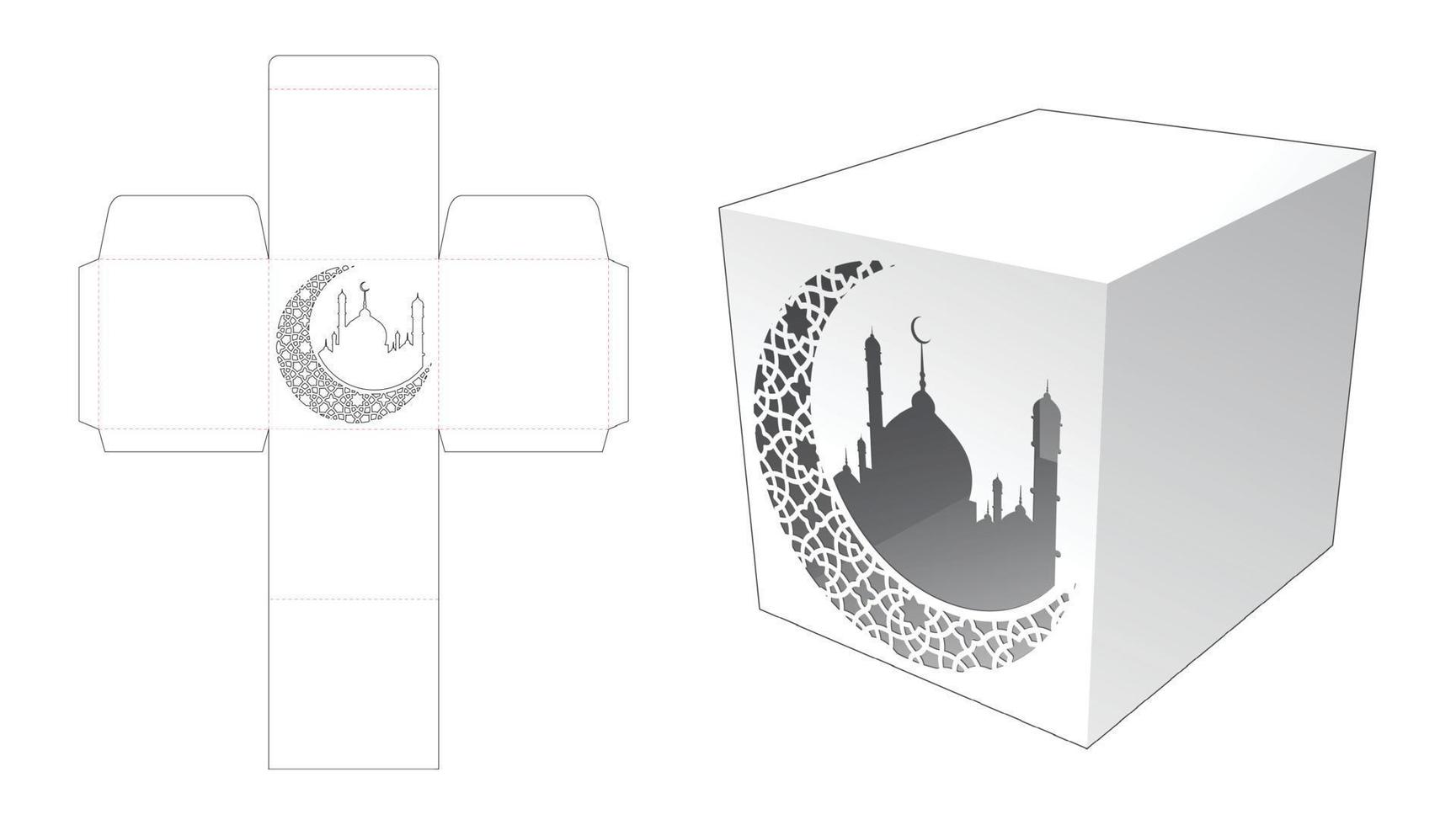 verpakkingsdoos met gestencild ramadan-patroon gestanst sjabloon en 3D-mockup vector