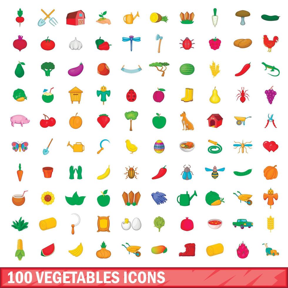 100 groenten iconen set, cartoon stijl vector