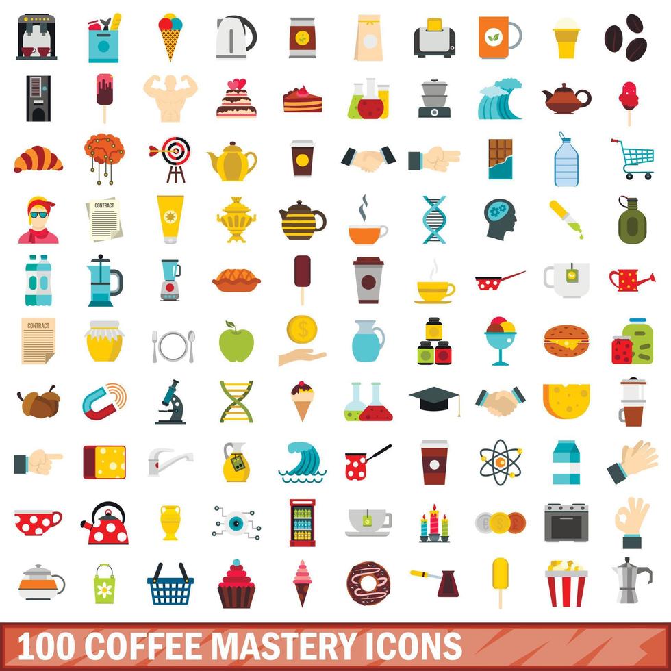 100 koffie meesterschap iconen set, vlakke stijl vector