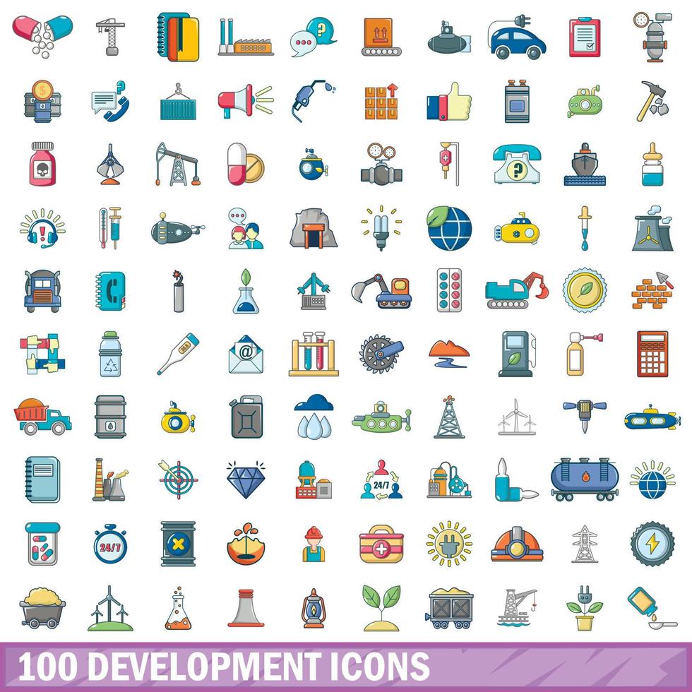 100 ontwikkeling iconen set, cartoon stijl vector