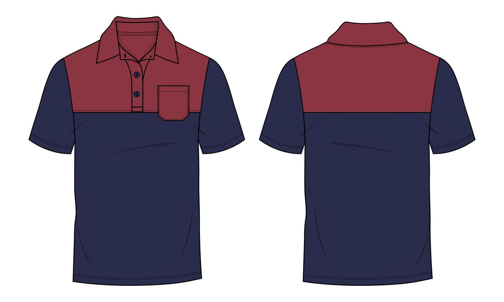 Poloshirt met korte mouwen met borst knippen en naaien technische mode platte schets vector sjabloon voor- en achterkant weergaven. piqué katoenen jersey jurk ontwerp mock up illustratie.