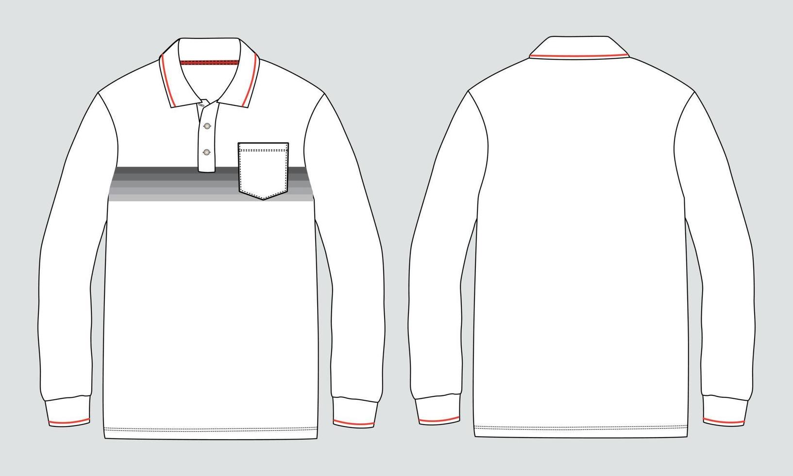 poloshirt met lange mouwen met zak technische mode platte schets vector illustratie mock up sjabloon voor- en achterkant uitzicht geïsoleerd op een witte achtergrond.