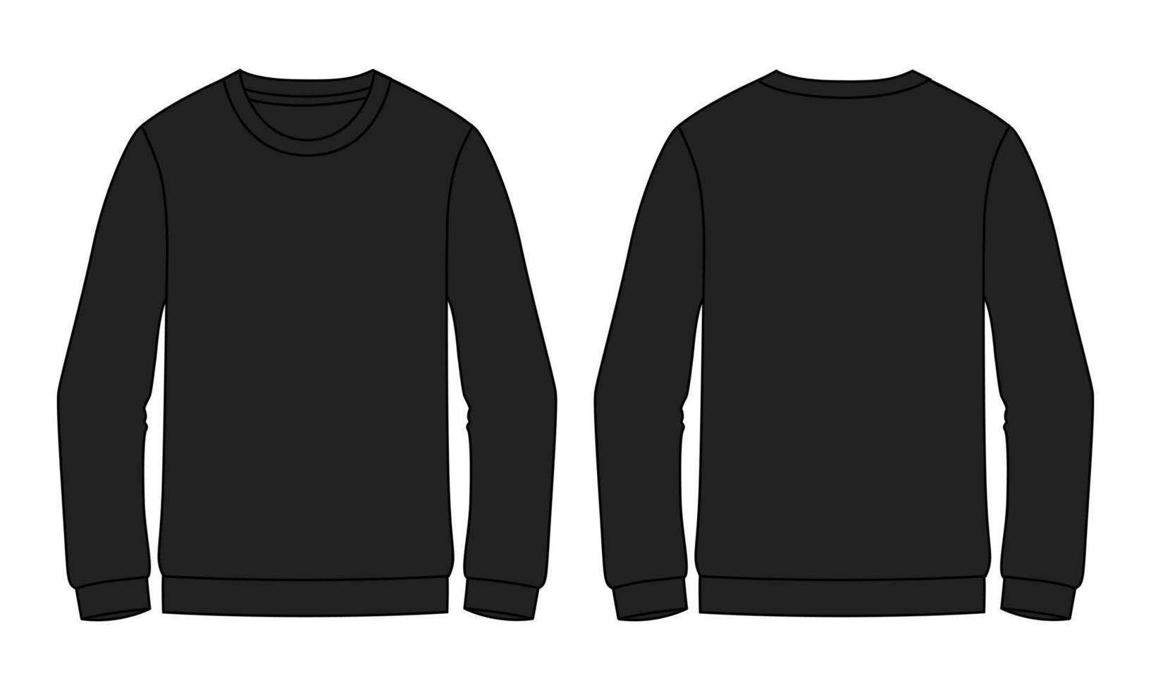 sweatshirt met lange mouwen technische mode platte schets vector illustratie zwarte kleur sjabloon voor- en achterkant weergaven